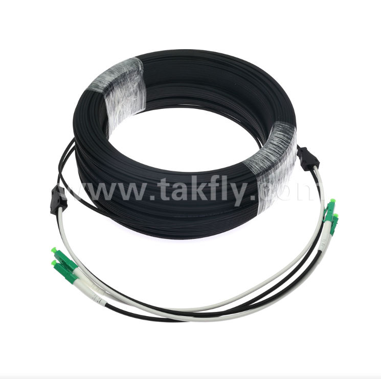 LC/APC Flat Drop Patch Cord - 2 Cor Duplex, önceden bağlantılı, titreşim karşıtı, hızlı FTTH dağıtımı için içeride değerlendirildi.